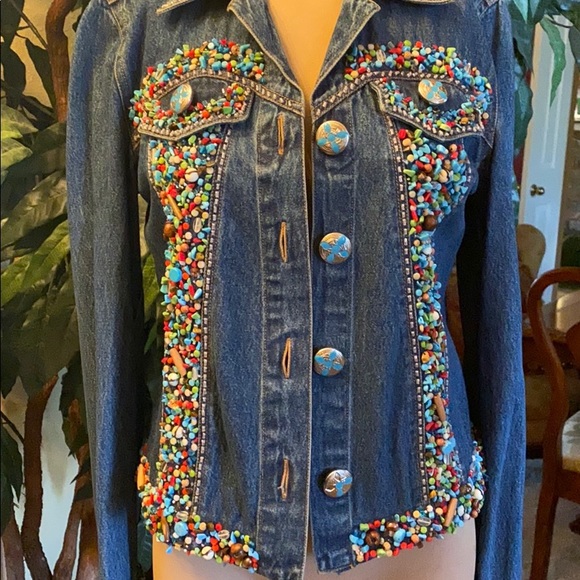 One of a kind: Turquoise Beaded jean jacket with cross on back - Picture 3 of 8